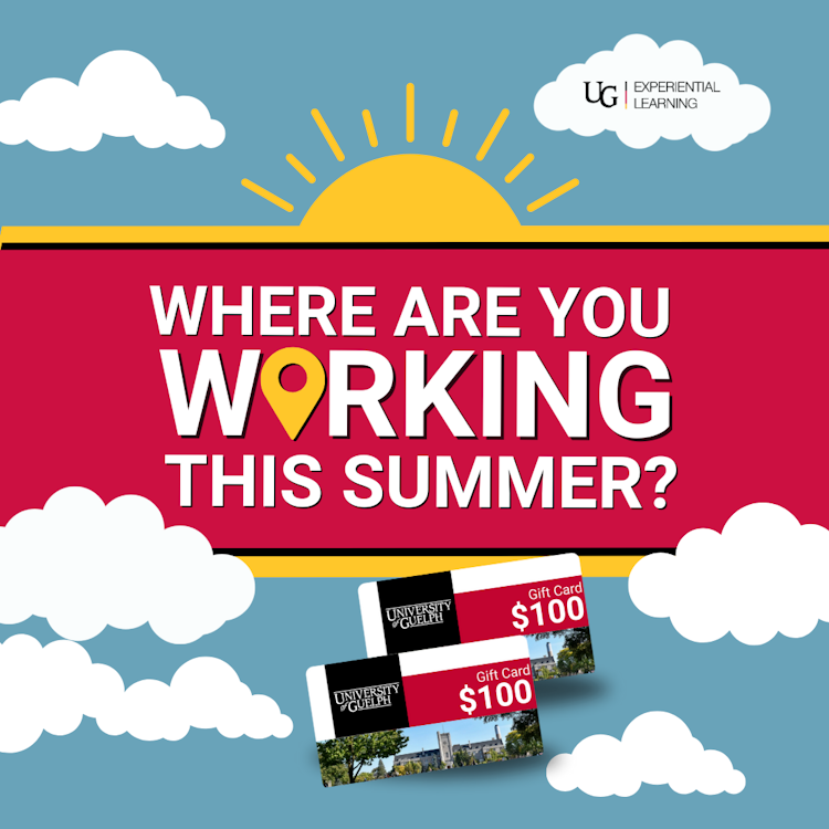 Where are you working this summer? Two $100 gift cards. A sky with clouds.