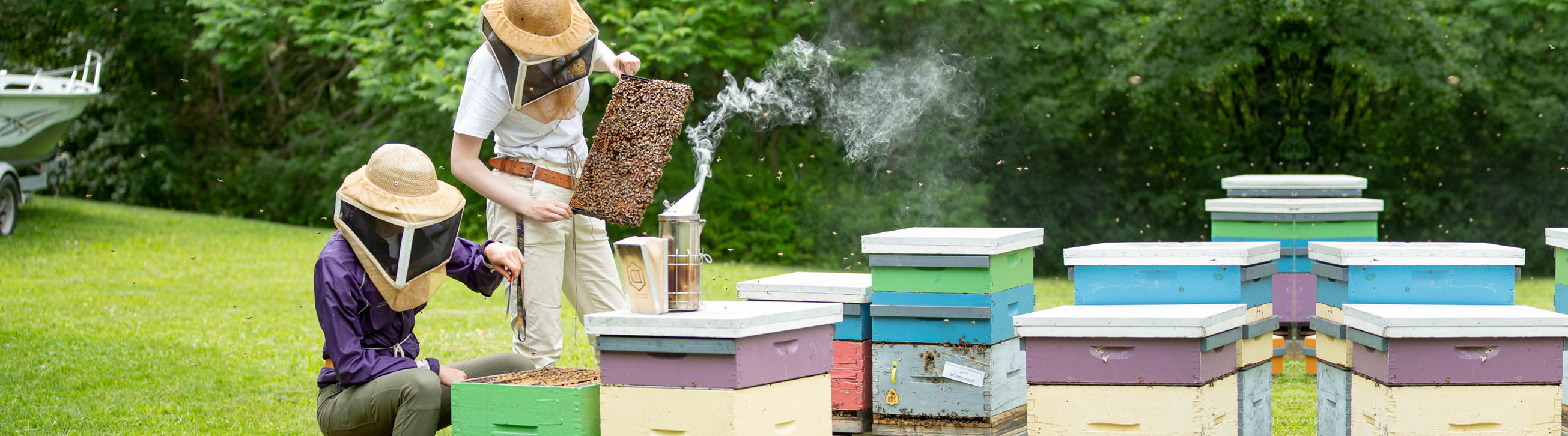 Kathryn Knowles & Jenna Schamowski working with bee hives