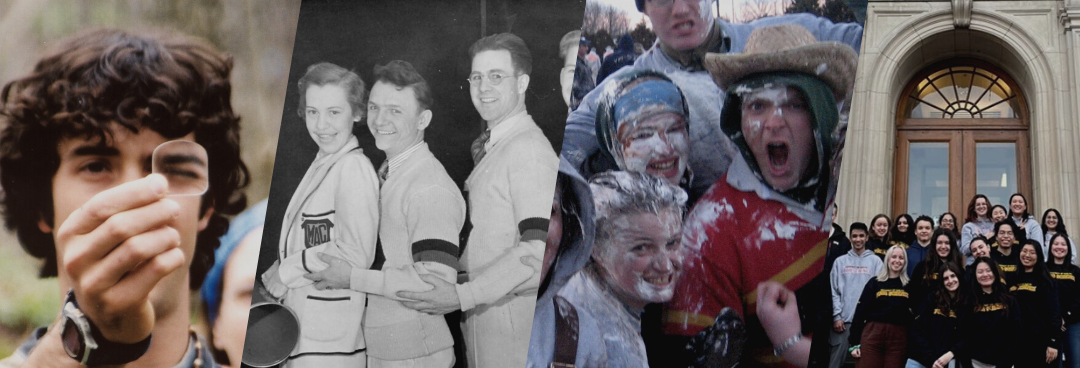 A collage of photos that include students studying, participating in student activities and standing infront of a brick buidling.