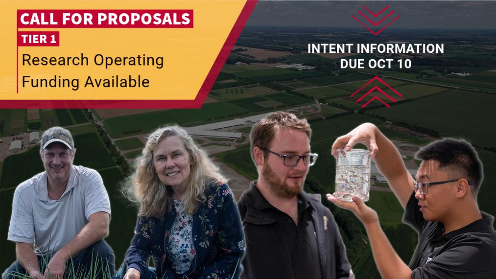 Photos of U of G researchers with the text: Call for Proposals, Tier 1 Research Operating FUnding Available. Intent Information due Oct. 10