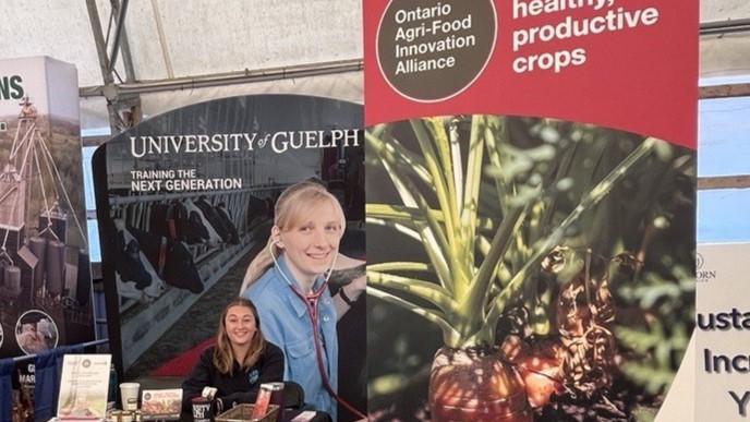 A student ambassador is seated at a table in front of several U of G and Ontario Agri-Food Innovation Alliance banners