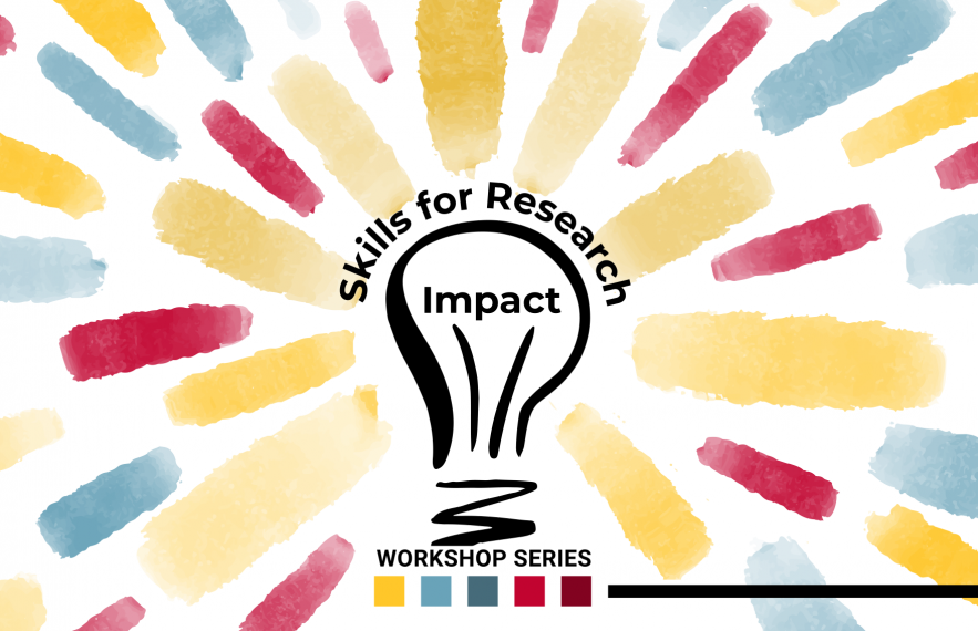 Skills for Research Impact series graphic is a lightbulb with dynamic colours appearing to come out of it