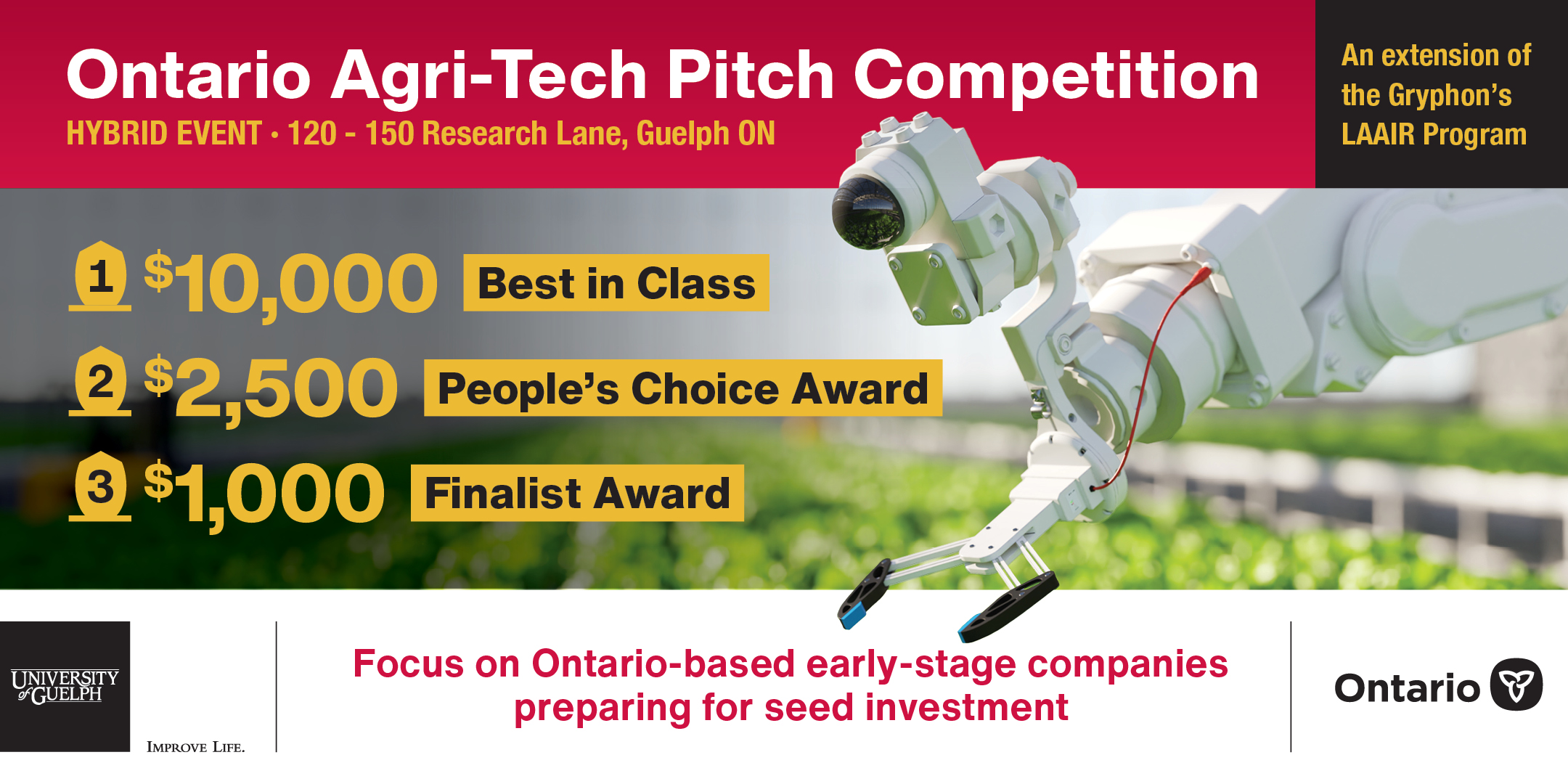 Promotional banner for the 2024 Ontario Agri-Tech Pitch competition, a hybrid event for Ontario-based early-stage companies preparing for seed investment with prizes of up to $10,000
