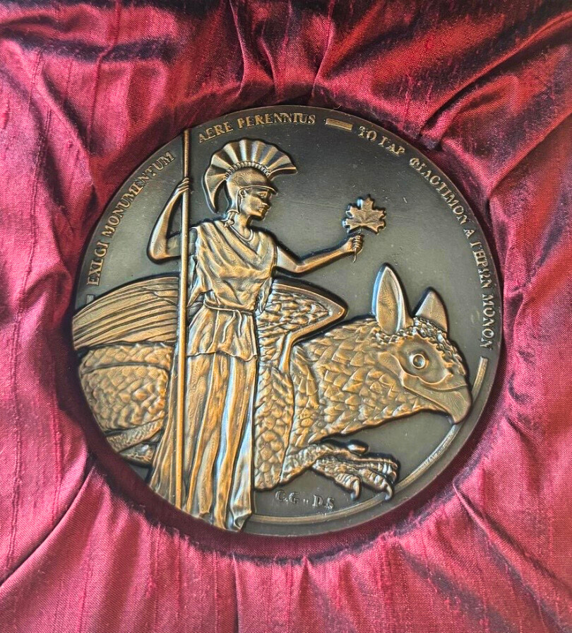 The front of the Serving Scholar Medallion with a red cloth background