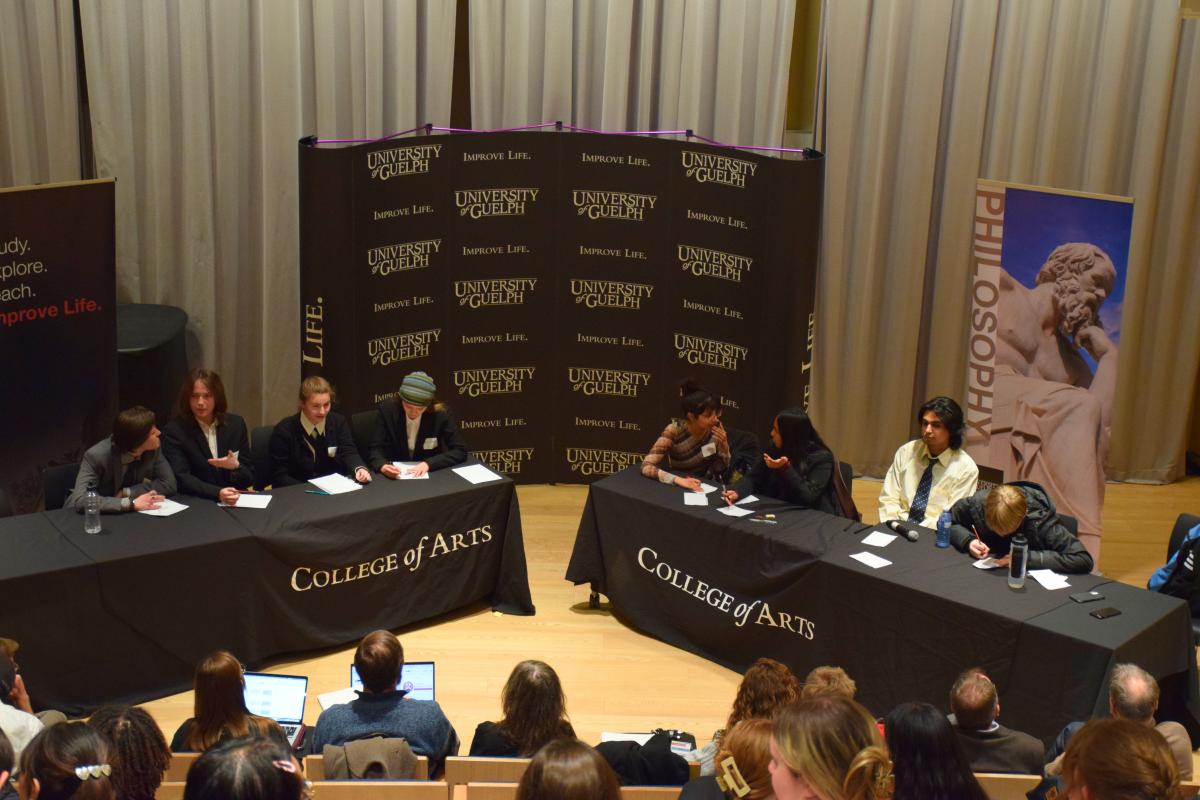 Secondary school students participating in the Second Annual Guelph Regional High School Ethics Bowl in the auditorium in the College of Arts in the MacKinnon Building at the University of Guelph on February 8, 2025.