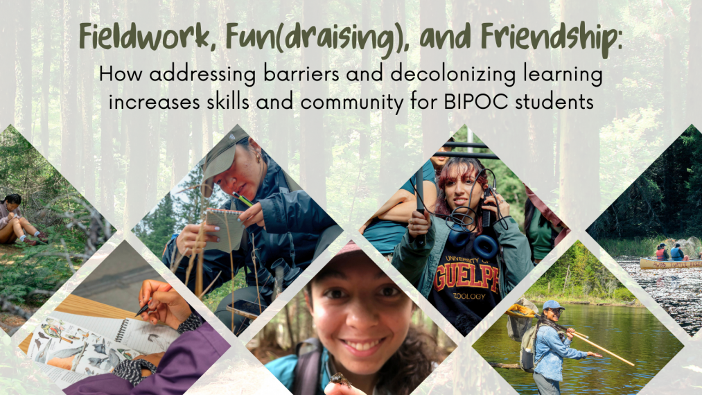 Collage of images of students in the wilderness and "CBS Community Seminar Series: Fieldwork, Fun(draising), and Friendship: How addressing barriers and decolonizing learning increases skills and community for BIPOC students" 