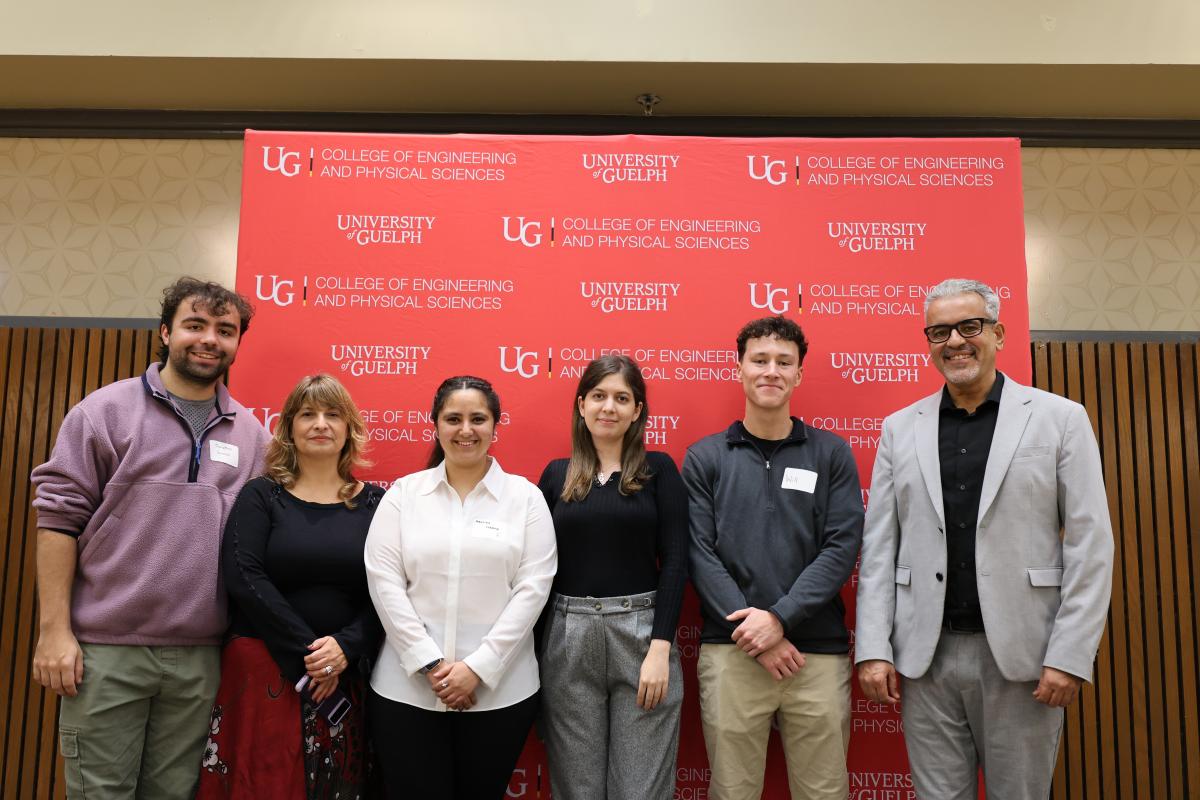 Group photo of Jonathan Quintal, Dr. Monica Cojocaru, Malvika Sharma, Negar Sabouhanian, William Berecz, and Dr. Moncef Nehdi.