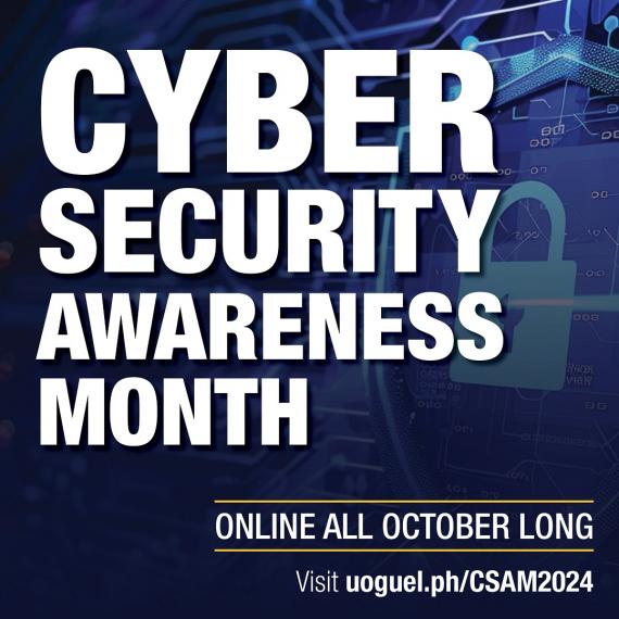 Dark blue graphic with white words that say "Cyber Security Awareness Month" in all caps. In smaller font in the bottom right corner it reads "Online all October Long" in all caps and includes a link to the event page.