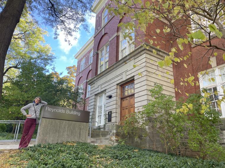 Dr. Joanna McGrenere posing in front of Reynolds Building.