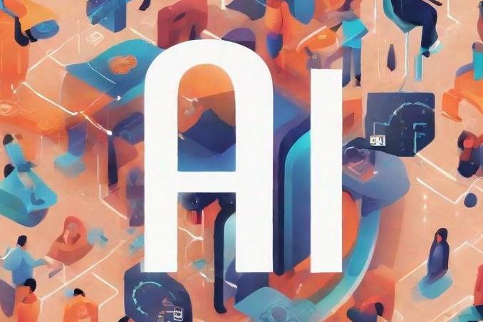 Artificial Intelligence graphic with peach background and big white letters read "AI"