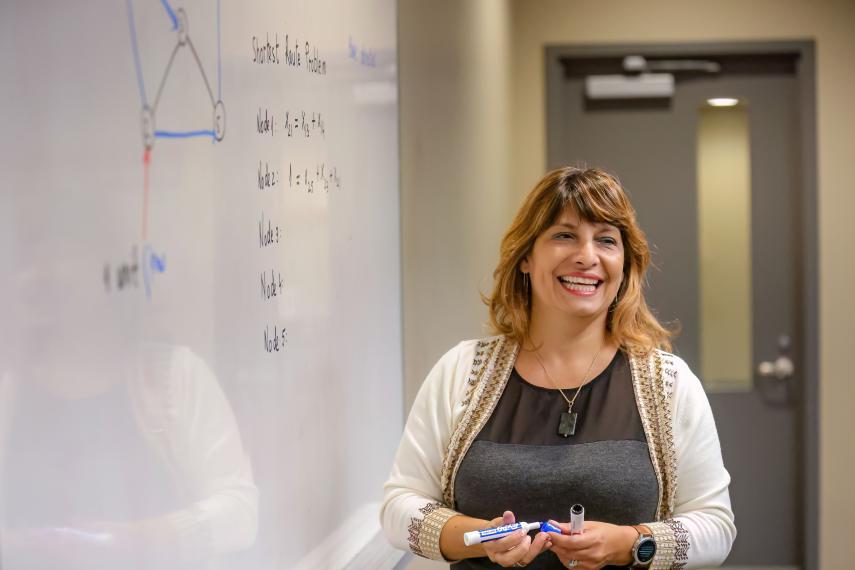 Dr. Monica Cojocaru standing at a white board.