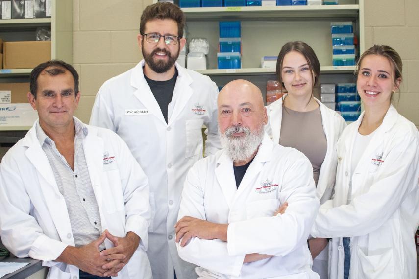 Pictured from left: Dr. Luis G. Arroyo Castro, Professor, Large Animal Medicine, Department of Clinical Studies; Nolan Frame, PhD candidate; Dr. Mario A. Monteiro, Professor, Department of Chemistry; Jamie Dawson, M.Sc. candidate; Victoria Longato, undergraduate student