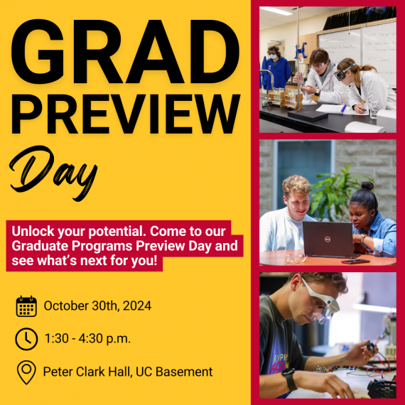 Graphic to promote Grad Preview Day with event details in the bottom left corner.  