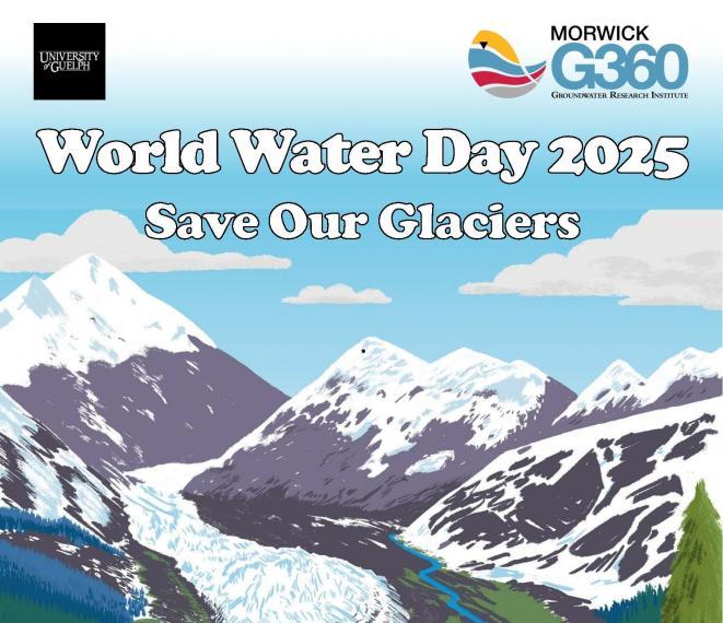 Graphic of mountains and water for World Water Day 2025 that says 'save our glaciers'