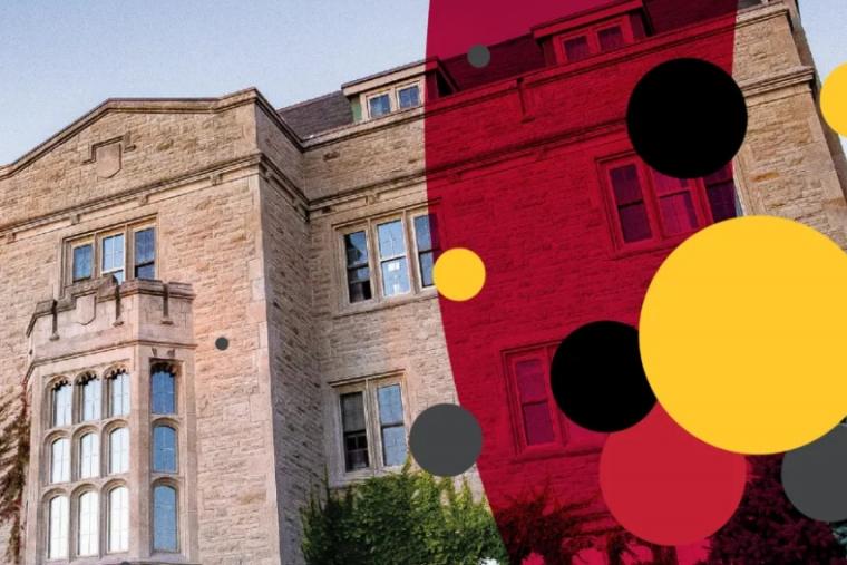 Johnston Hall exterior with graphic yellow and black circles with a red stripe behind them on the right