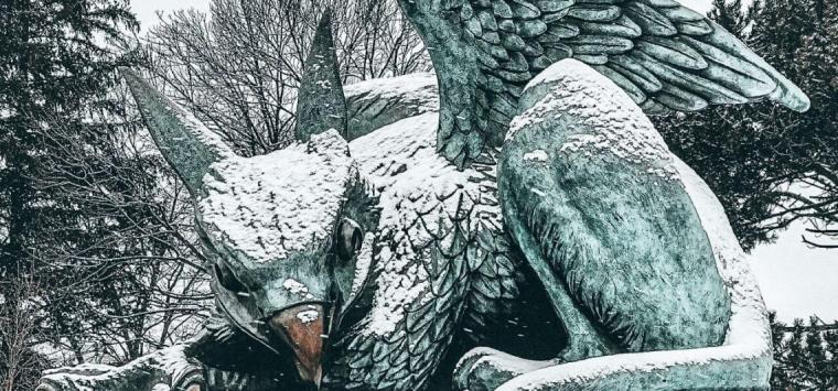 Gryphon statue in winter.