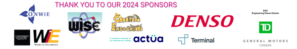 Logos of sponsors - ONWiE, WiSE, logo for sponsors -- Creative Encounters, Denso, Women in Engineering, Engineering Deans Ontario, GM, TD 