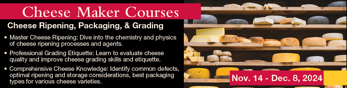 Banner for cheese ripening  course, Nov. 14-Dec. 8, showing cheeses resting in storage shelves