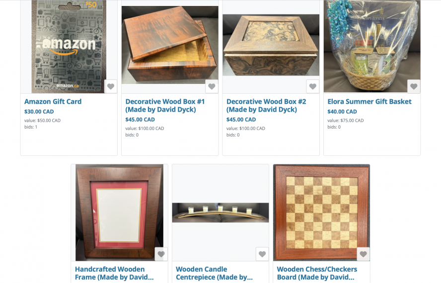 An image of the webpage in the link, showing the donated items for the auction.