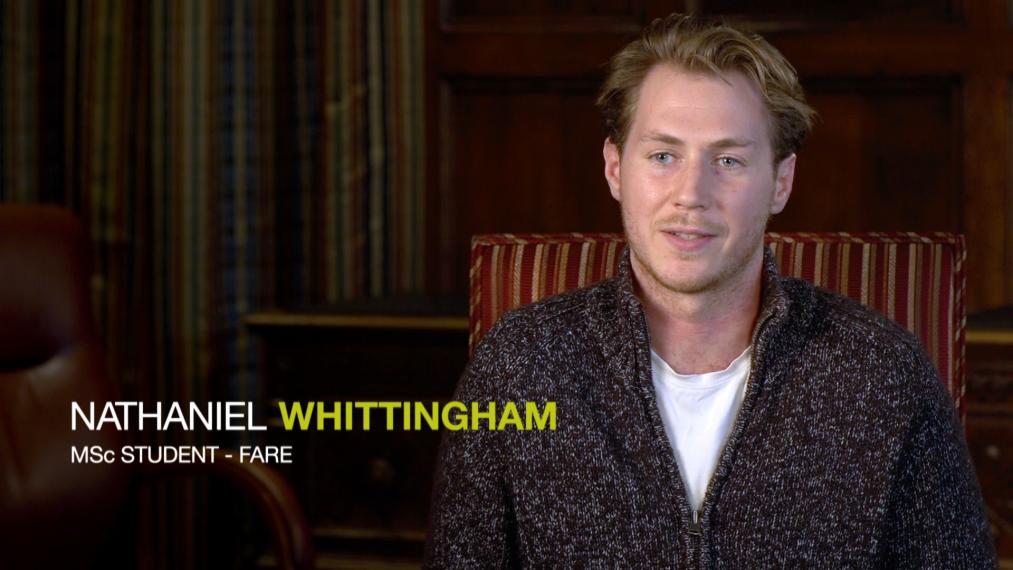Nathaniel Whittingham sitting in chair, overlay text of his name and "MSc student - FARE"