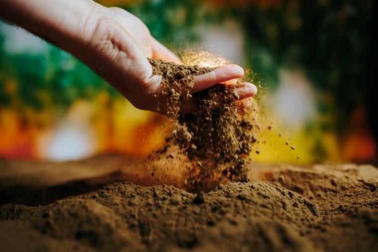 A close up shot of a hand lifting soil. 