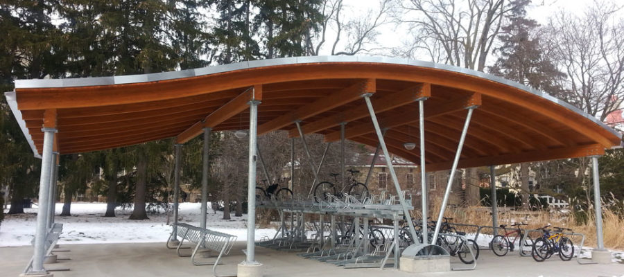 Sustainable bike shelter at the University of Guelph.
