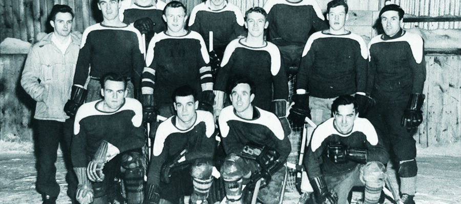 Members of the OVC ’51 hockey team celebrate their win in the 1947-48 OAC/OVC tournament.