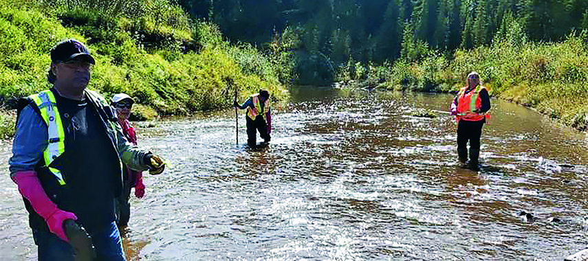 Members of Blueberry River First Nations doing field training for ecosystem health assessment, standing in the river