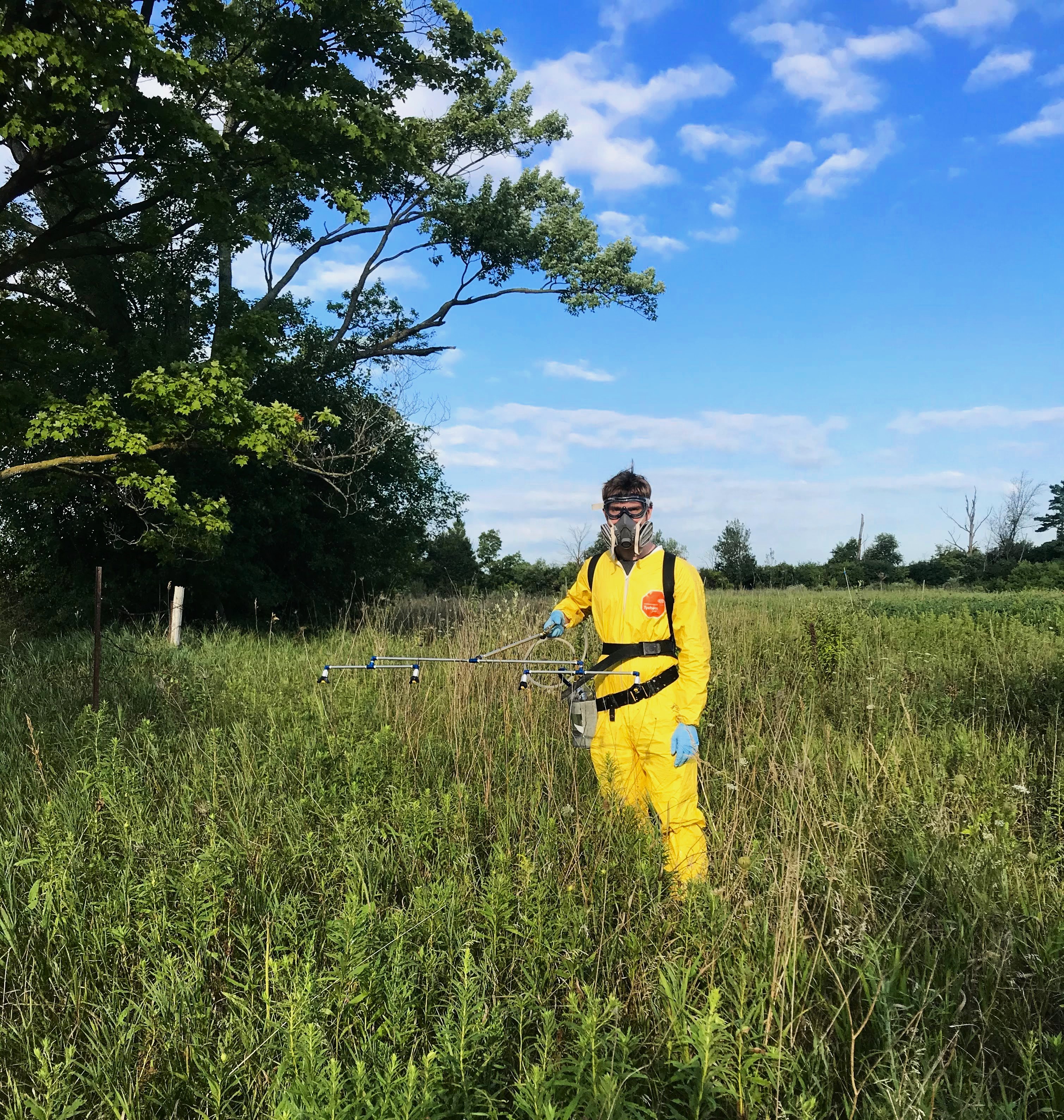 A man wearing a yellow safety suit and mask standing in tall grass