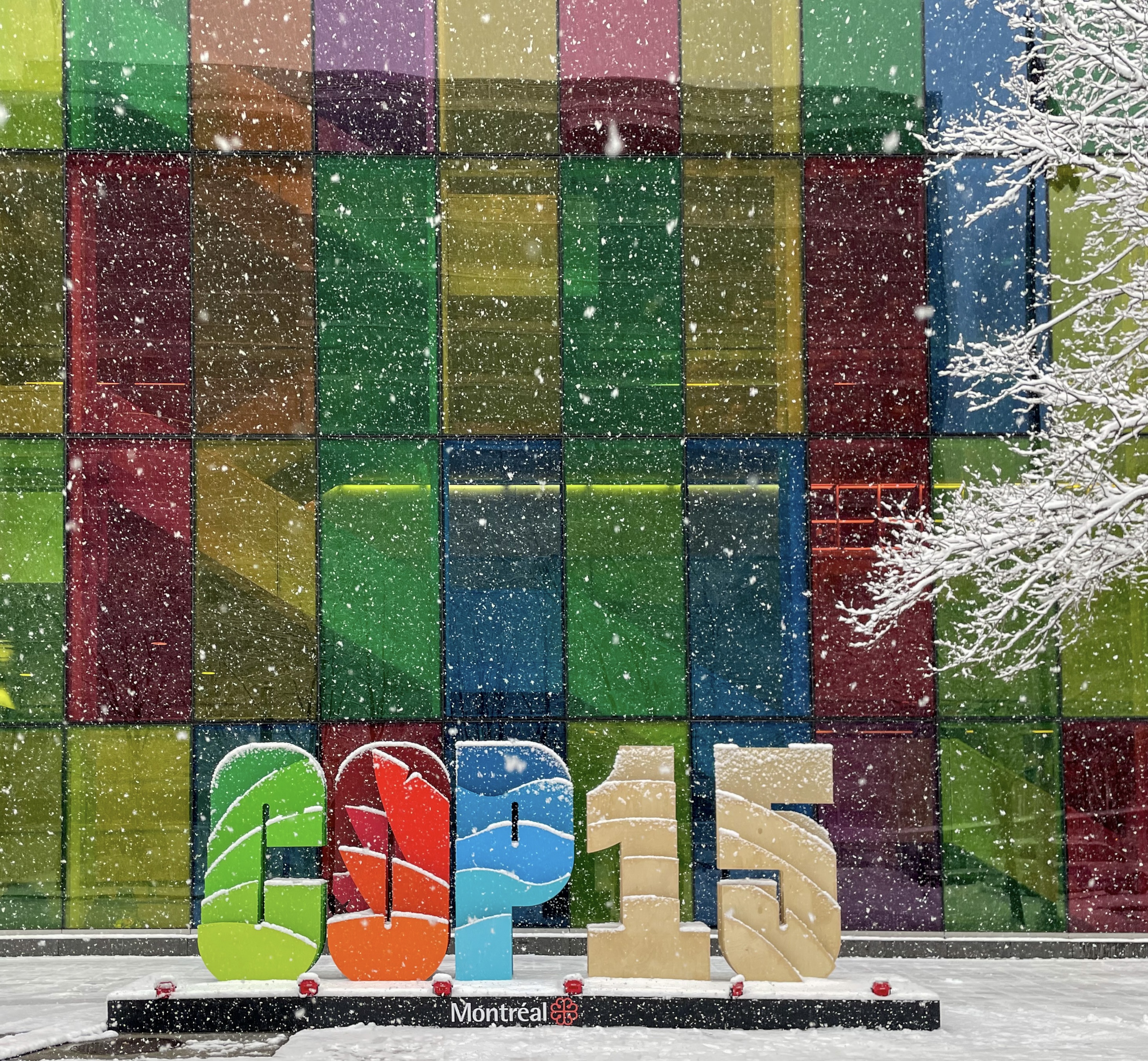 Outside the Le Palais des Congrès in Montréal. There is a sign for COP15 with a colourful windows in the background and snow gently falling.