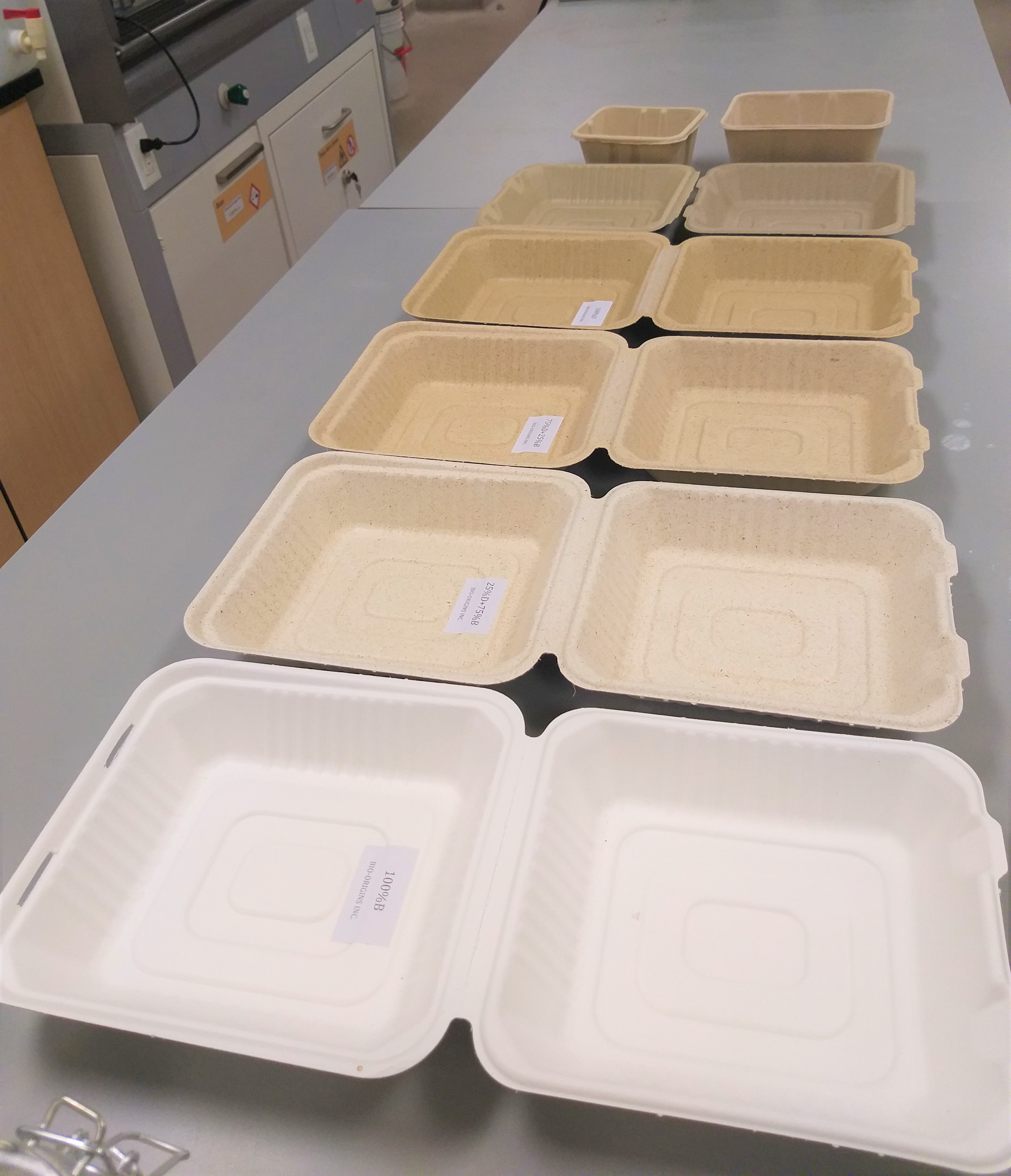 Cardboard food package containers lined up on a table