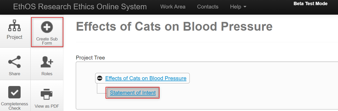 Screen shot of the Statement of Intent subform in a Project Tree with Create Sub form button highlighted in the actions panel.