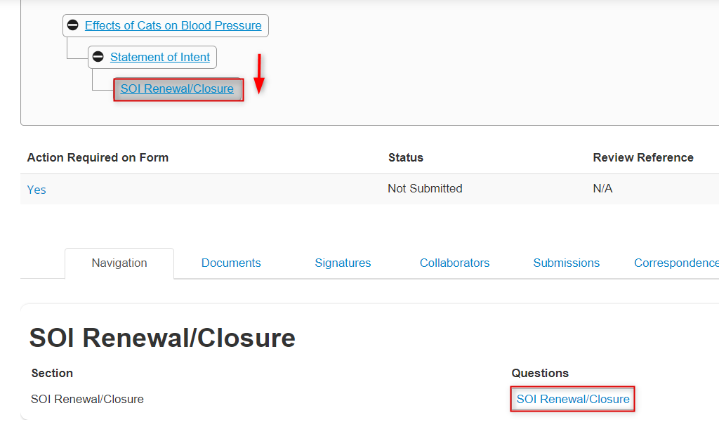 Screen shot of the SOI Renewal/Closure subform in a project tree hierarchy with the questions section highlighted.