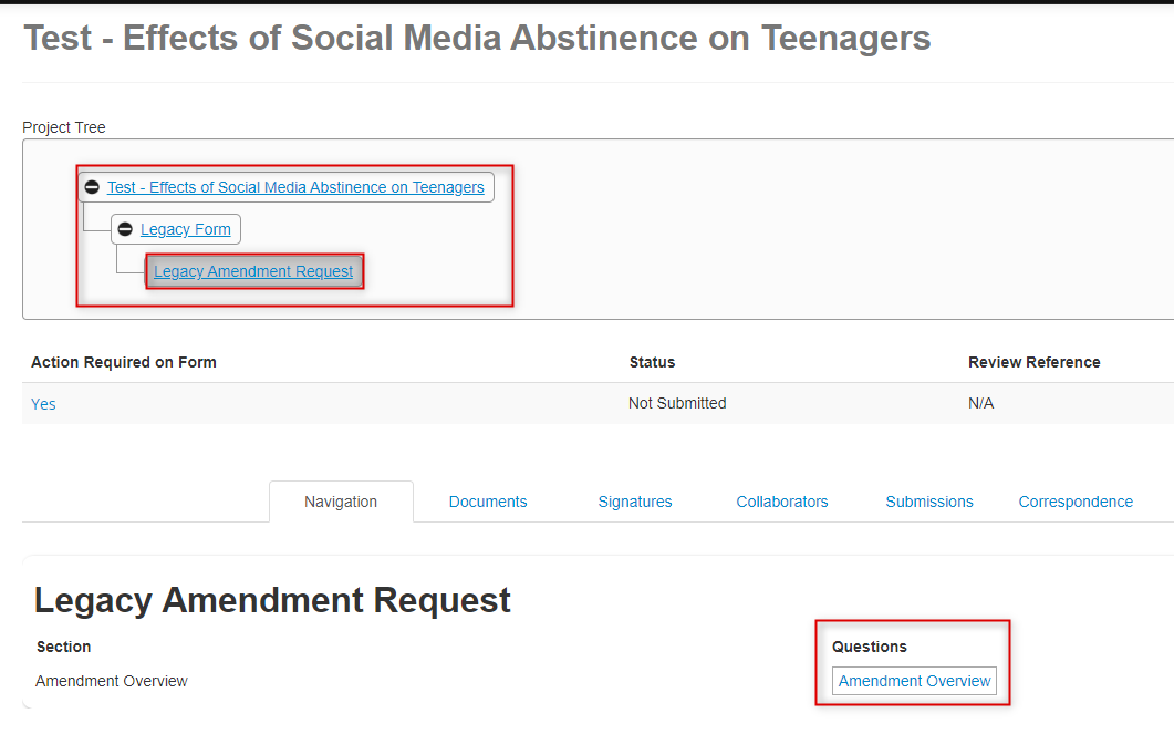 Screen shot of the Legacy Amendment Request in the project hierarchy below the legacy form and the questions area highlighted.