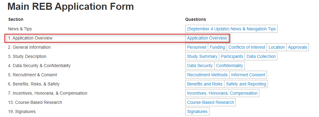 Screen shot of the Main REB Application Form with the Application Overview section and question highlighted.