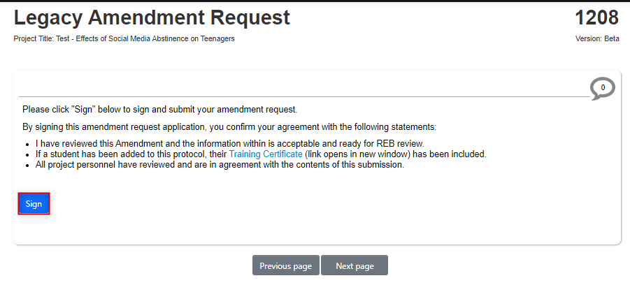 Screen shot of the Signature page of the legacy amendment request form with the Sign button highlighted.