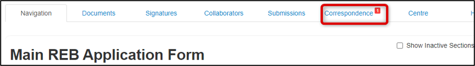 At the corner of the Correspondence tab, has a small red box beside with a number indicating unread messages.
