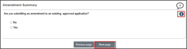 A question is asked: "are you submitting an amendment to an existing, approved application?" Yes or no are the options