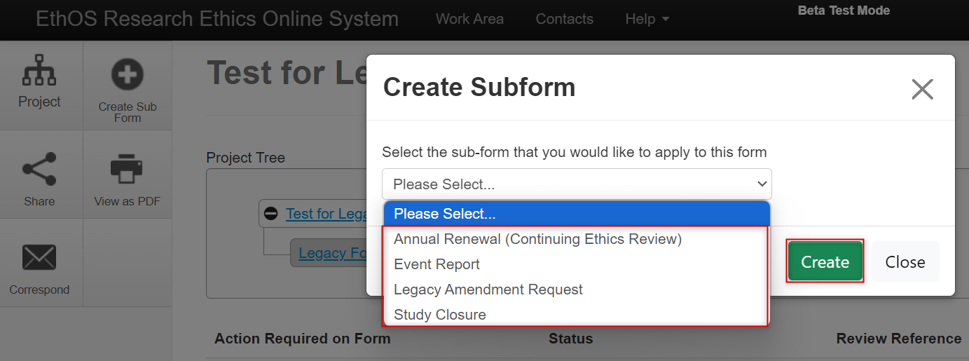 Screen shot of the Create Subform drop-down options and the create button highlighted.