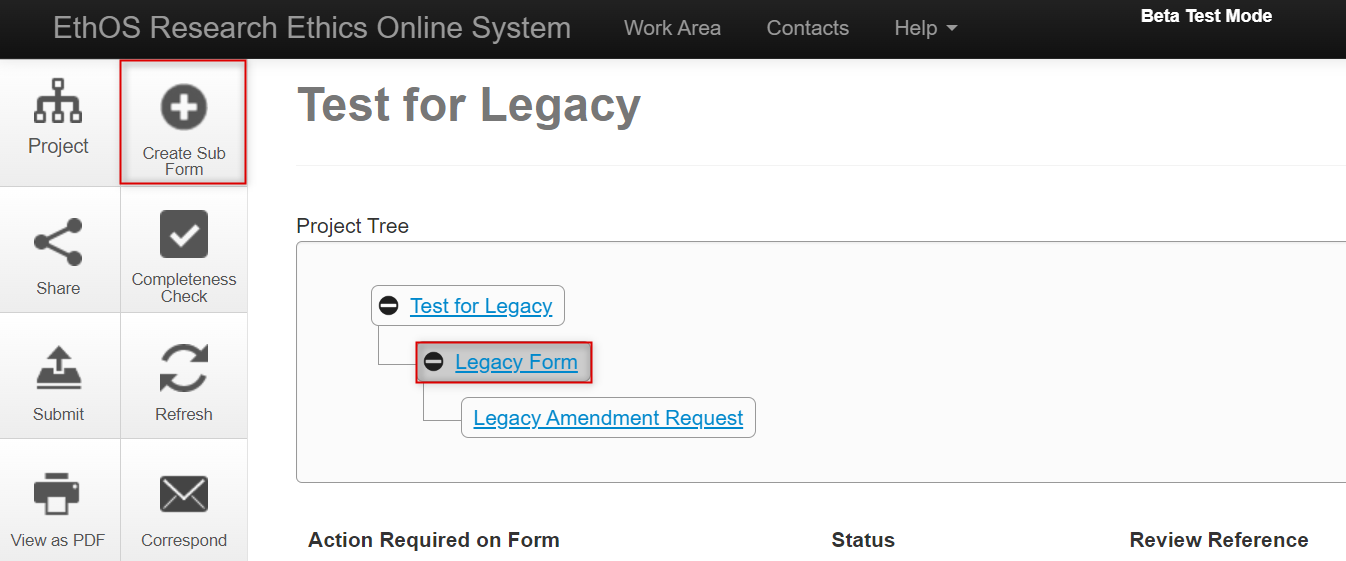 Screen shot of the EthOS Project Tree of legacy and legacy amendment forms and the create sub form button highlighted.