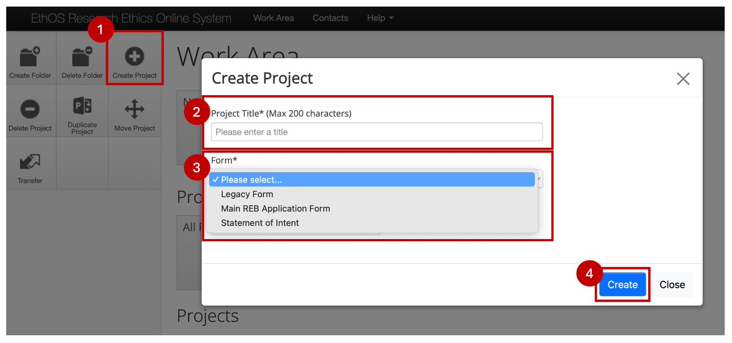 Step 1 highlights the create project tile. Step 2 highlights the Project Title text box. Step 3 highlights to select the type of form. Step 4 highlights the Create button