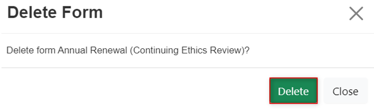 Screen shot of the Delete Form dialog box and the Delete button highlighted.
