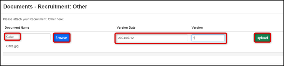 There are boxes the highlight the position of Document Name text box, the right of that is the Browse button. Then it indicates to enter the Version Date and Version Number. There is a button to the right side, Upload button.