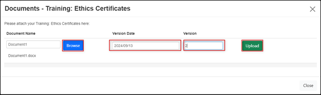 Screen shot of an EthOS question area showing the Browse, Version Date, Version Number, and Upload button highlighted.