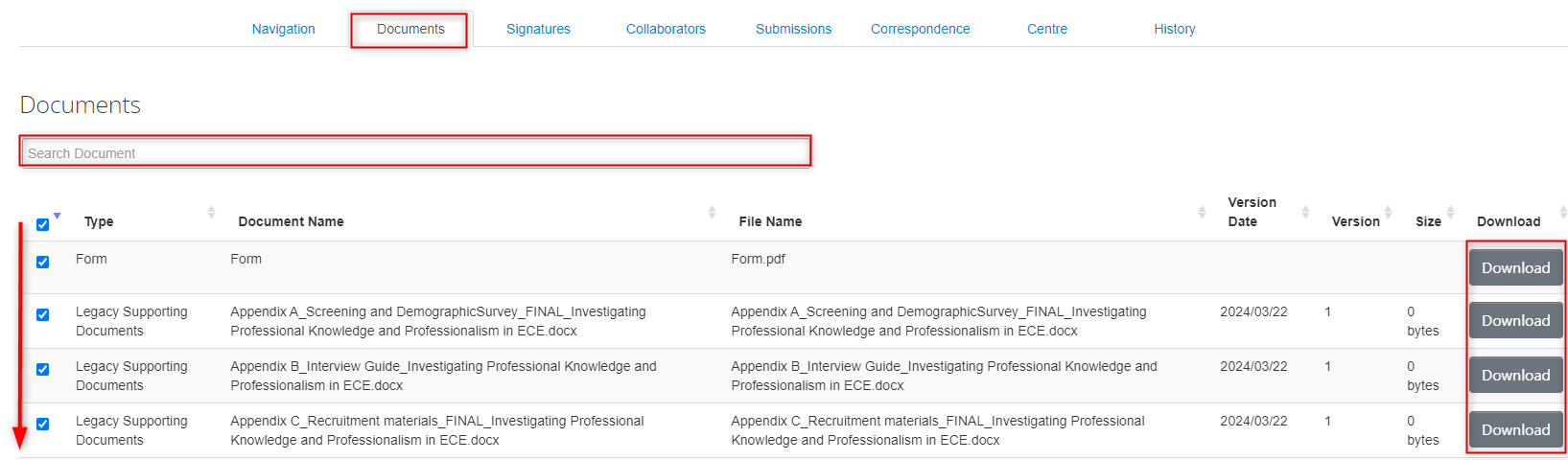 Screen shot of the Documents tab, the search bar, list of documents, and download button are all highlighted.