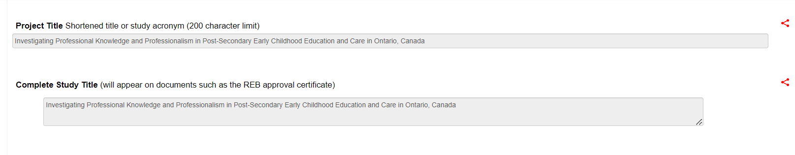 Screen shot of the middle part of an EthOS Legacy Form listing Study details that can not be edited.