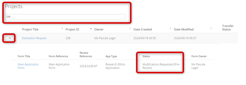 Screen shot of a the Project search bar, the Project Title drop-down arrow and the status of a project highlighted.