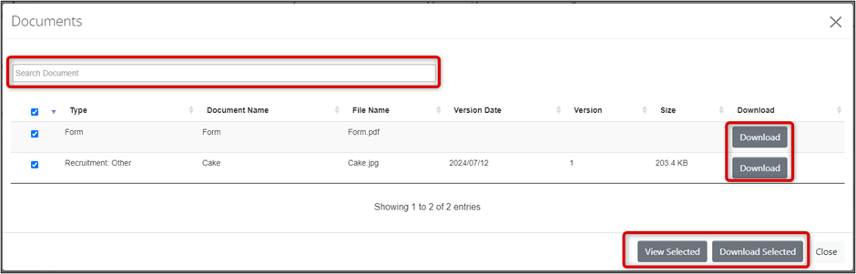 The text box to search documents is highlighted. Beneath that is a chart of the uploaded documents. It shows the Type, Document Name, File Name, Version Date, Version Number, and Size. At the end of this list, there is a Download button for each document. At the bottom right, there is a box highlighting View Selected and Download Selected buttons.