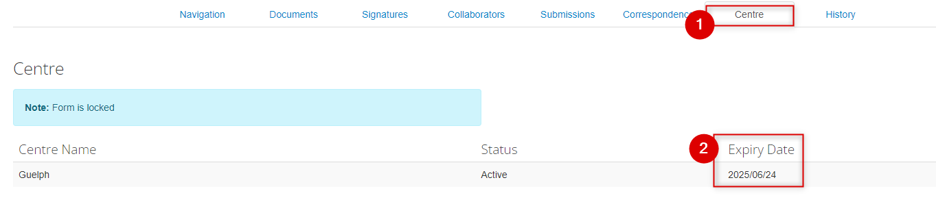 Screen shot of the Centre tab in an EthOS Legacy Form with the Expiry Date field highlighted.