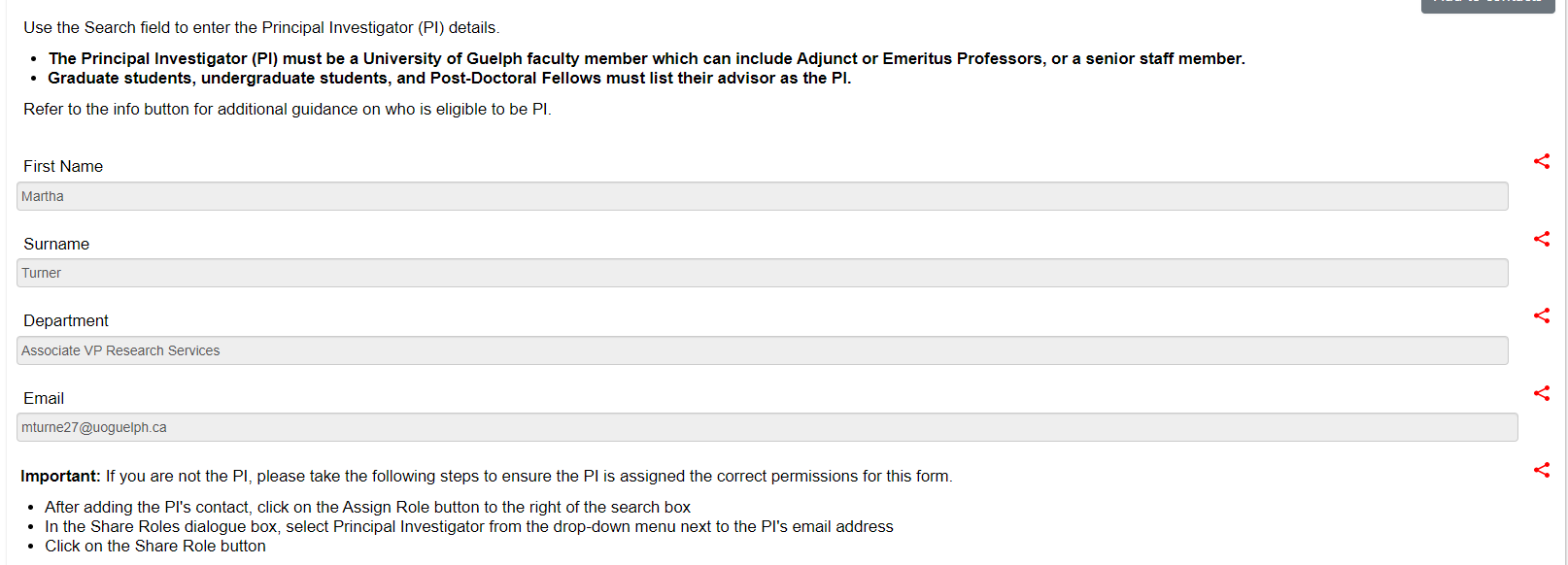 Screen shot of the Legacy Amendment Request middles section where you enter the PI details.